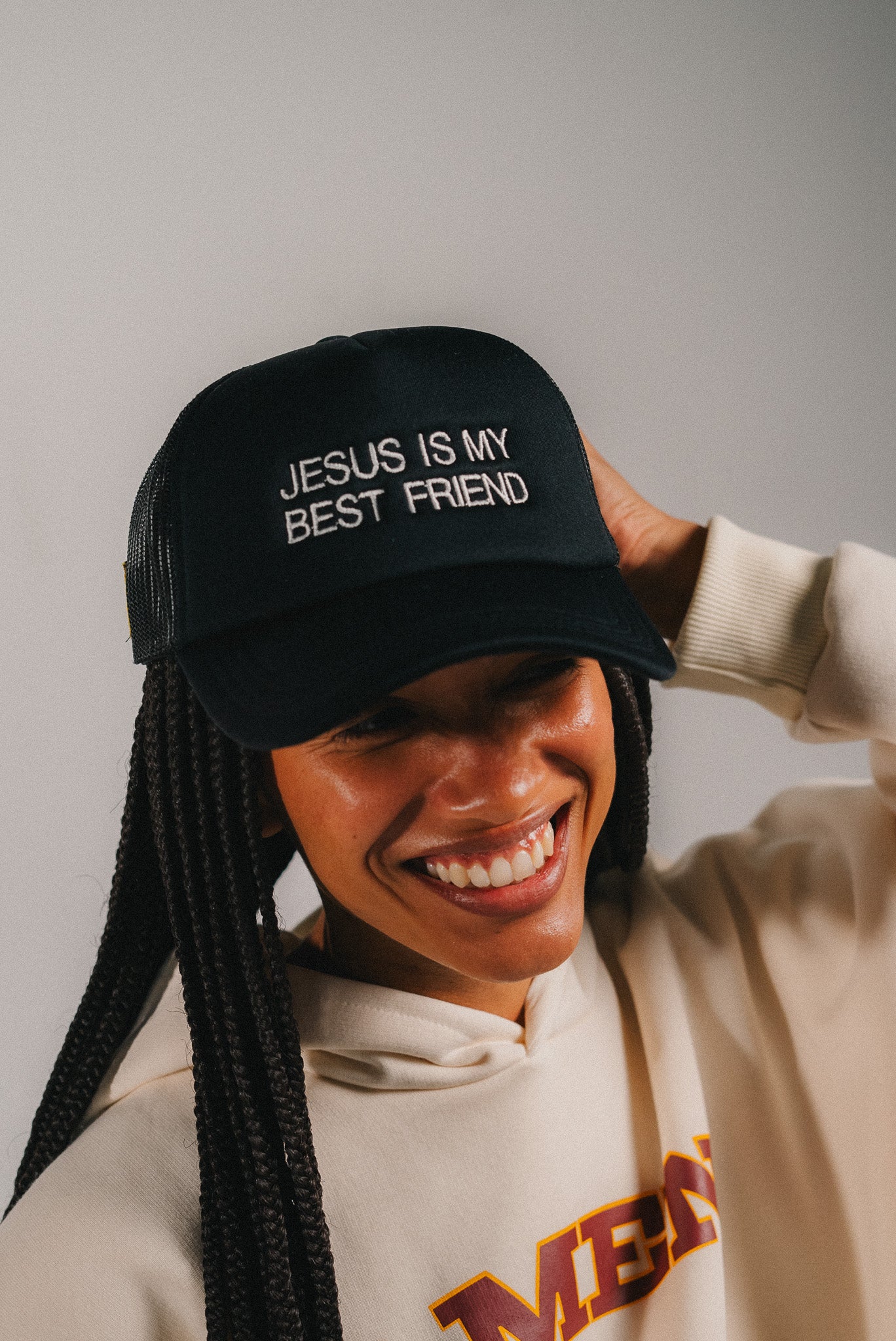 BLACK TRUCKER CAP JESUS IS MY BEST FRIEND