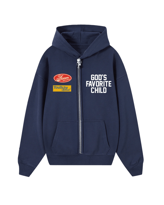 GOD'S FAVORITE CHILD ZIP UP NAVY SWEATSHIRT