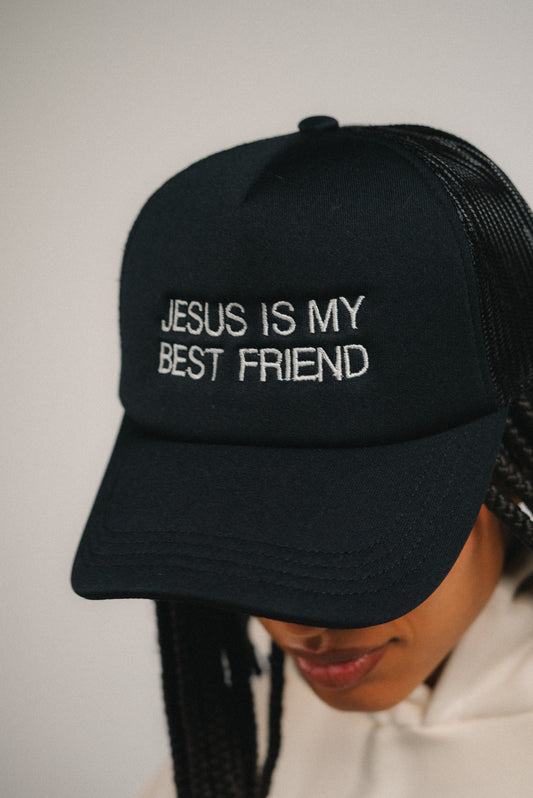 BLACK TRUCKER CAP JESUS IS MY BEST FRIEND