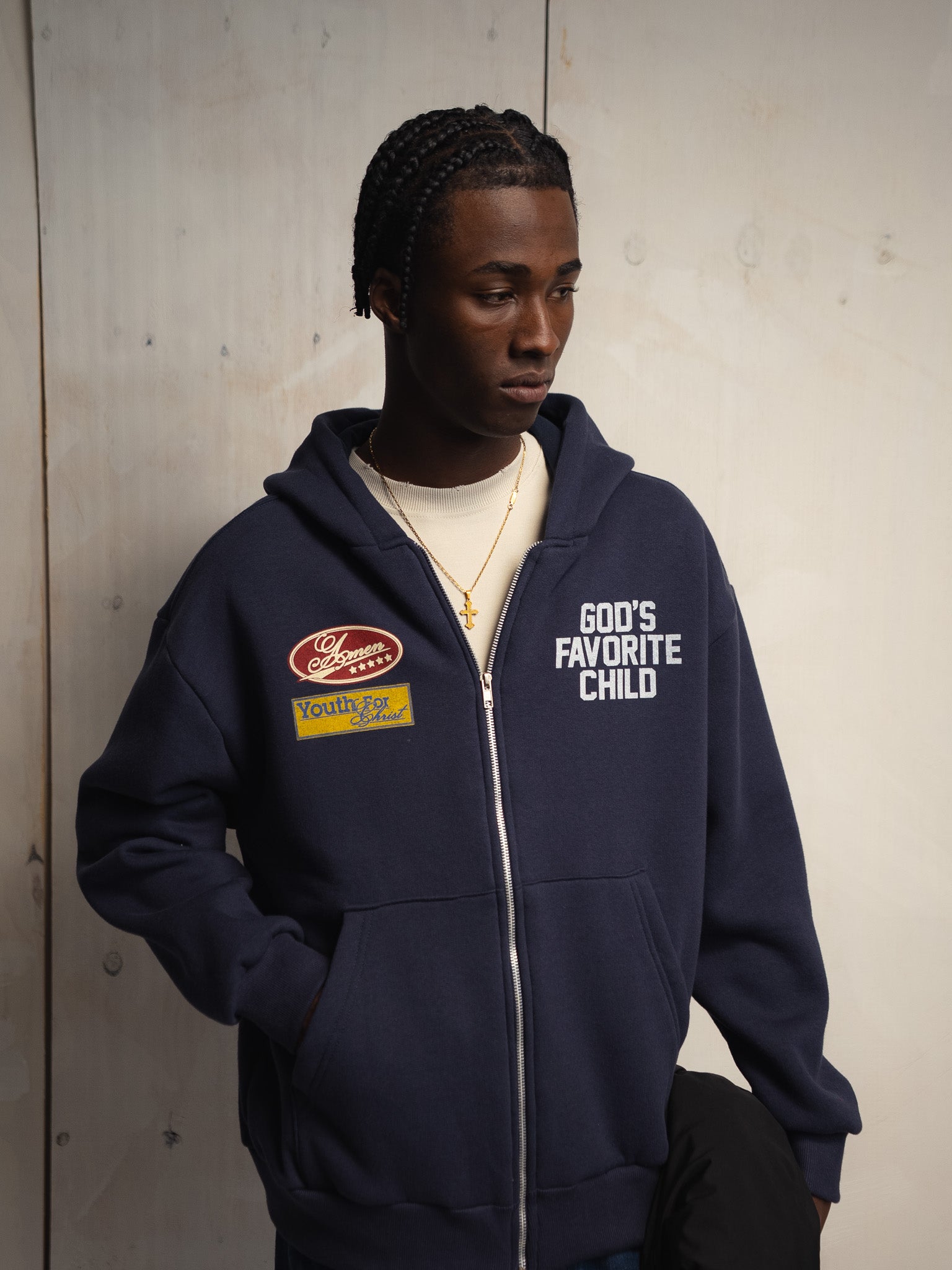 GOD'S FAVORITE CHILD ZIP UP NAVY SWEATSHIRT